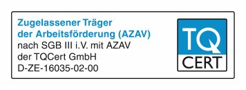 <p>Wir sind AZAV zertifiziert und k&ouml;nnen damit &uuml;ber die F&ouml;rderma&szlig;nahmen zur beruflichen Bildung durch die Agentur f&uuml;r Arbeit finanziert werden.</p>