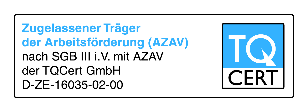 <p> </p>
<p>Wir sind zertifiziert nach AZAV und somit berechtigt Aus- und Weiterbildungen nach dem SGB III durchzuführen</p>
<p> </p>
<p> </p>
<p> </p>
<p> </p>